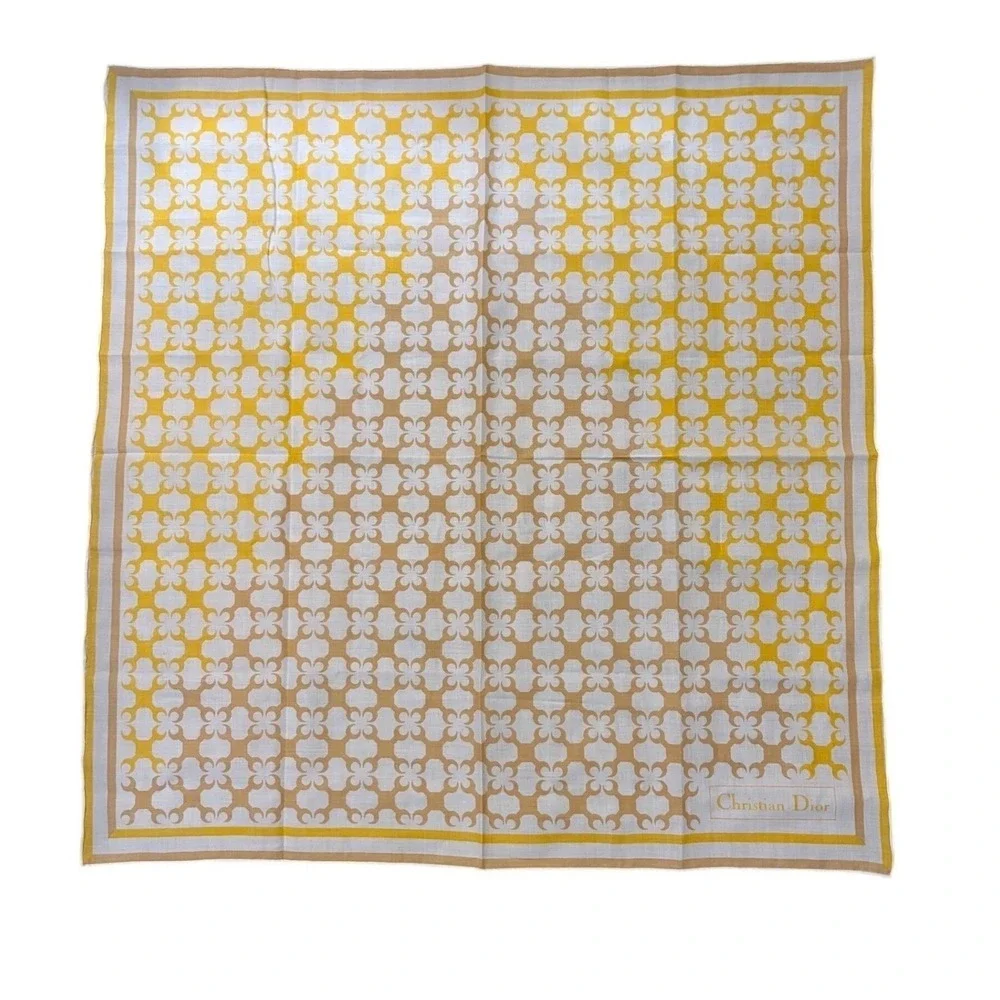 Christian Dior Cotton Scarf Yellow White Geometric Pattern Square Neckerchief